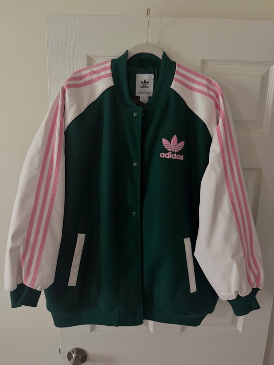 adidas Jackets & Blazers - adidas Dark Green, White & Pink Bomber Track Jacket